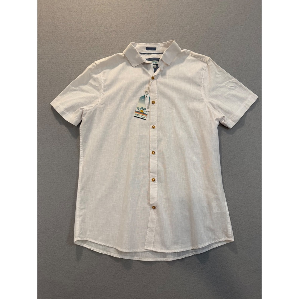 Tenth + Ocean Mens Linen Blend Short Sleeve Button Down Shirt White F125W63 M